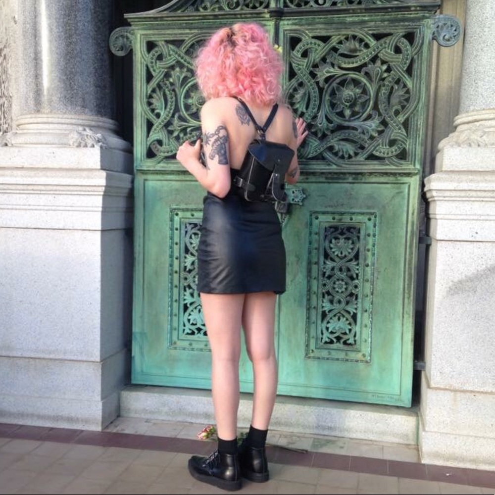 UO Raw Black Leather Harness Backpack
